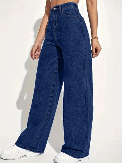 Women'S High-Waisted Straight Leg Jeans, Casual Stretch Denim Pants, Solid Color, Full Length, with Pockets, for Spring/Summer/Fall