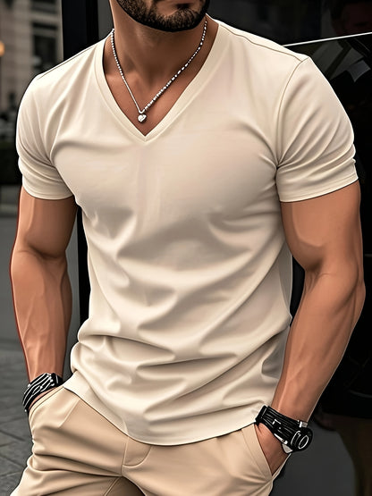 Men'S V-Neck Short Sleeve T-Shirt - Lightweight & Breathable, Casual Fit, Solid Black, Perfect for Summer, High-Quality Knit Fabric, Everyday Tshirt | Casual Style | Comfortable Fit
