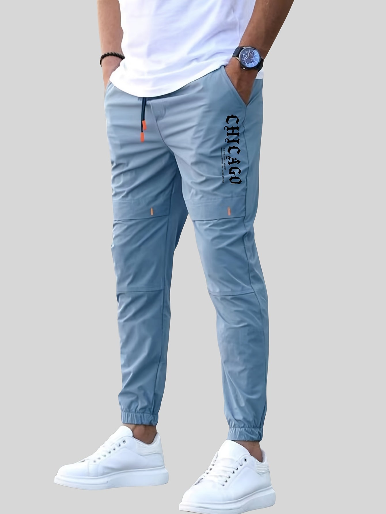 Men'S Casual Drawstring Joggers, 100% Polyester Non-Stretch Woven Fabric, All-Season Regular Fit Trousers with Alphabet Print Detail, Fashionable Workwear Style
