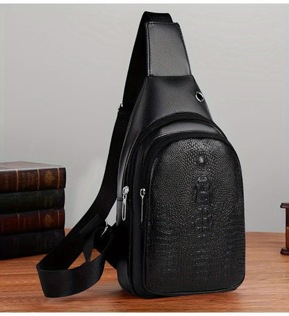Men's Stylish Black PU Leather Sling Bag - Large Capacity Lightweight Crossbody Chest Pack with Embossed Design & External Earphone Hole for Casual Outings, Crossbody Bag