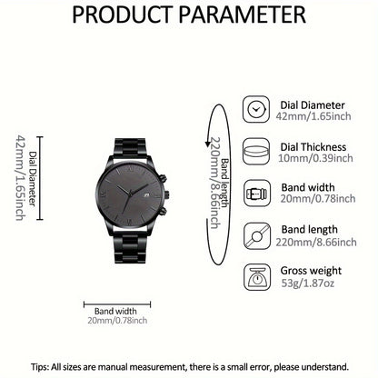 2pc Men's Fashionable Sports Watch Set, Unisex, Round Dial, Date Display, Quartz Movement, Stainless Steel Band, Zinc Alloy Case, Water Resistant, Ideal for Daily Wear, Gift for Valentine's, Easter, Halloween, Ramadan, Birthd