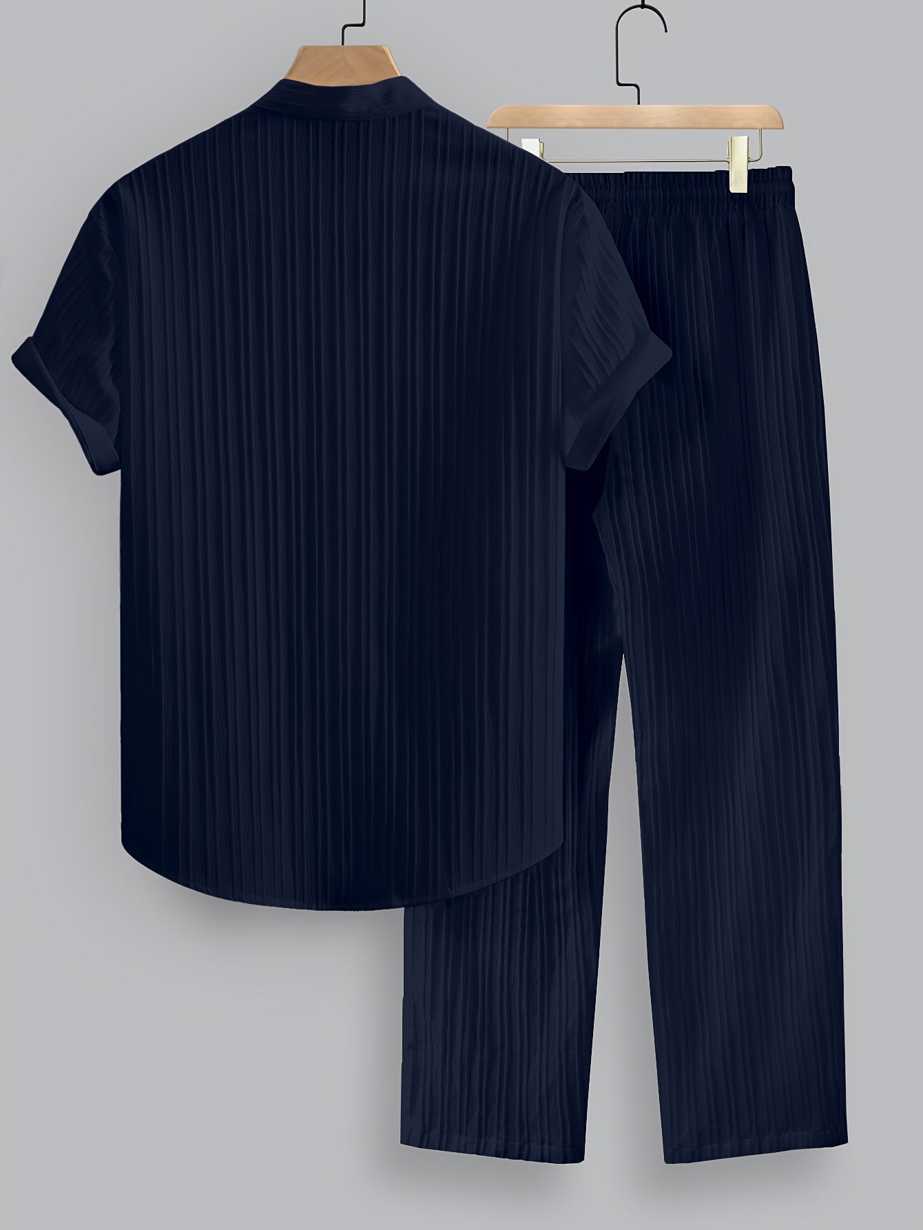 2pcs Men's Summer Casual Striped Polyester Outfit Set, Short Sleeve Stand Collar Shirt and Drawstring Pants, Non-Stretch Woven Fabric, Regular Fit for Daily Wear and Beach Vacation, Plain Color, Beach Vacation