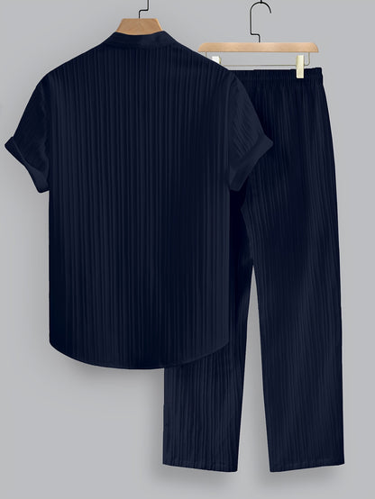 2pcs Men's Summer Casual Striped Polyester Outfit Set, Short Sleeve Stand Collar Shirt and Drawstring Pants, Non-Stretch Woven Fabric, Regular Fit for Daily Wear and Beach Vacation, Plain Color, Beach Vacation