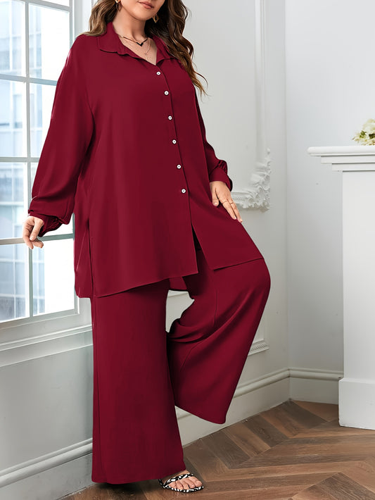 Elegant Plus Size Women'S Two-Piece Set: Stylish V-Neck Blouse & Wide Leg Pants - Perfect for Formal Occasions, Plus Size Blouses