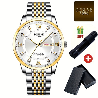 Elegant Men'S Stainless Steel Quartz Watch with Luminous Hands, Date Display & Week Indicator - Classic Design, Non-Waterproof, Battery Powered - Ideal Gift for Christmas, Halloween, Campus Related Events, Everyday Watch|Clas