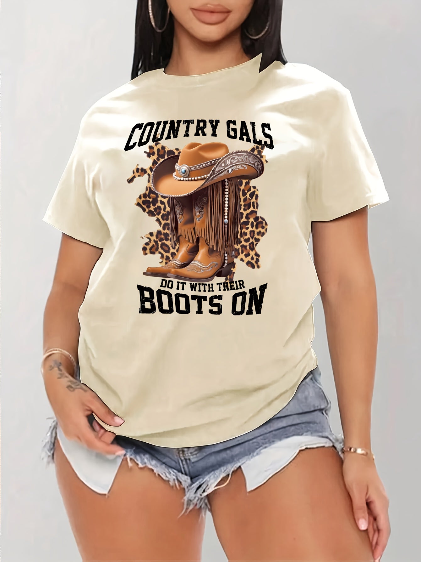 Women's Casual Short Sleeve T-Shirt with Cartoon Cowboy Boots & Leopard Print Graphic, "Country Gals Do It with Their Boots On" Slogan, Vibrant Orange Round Neck Tee, Machine Washable Regular Fit, Allseason Top, Semitranspare