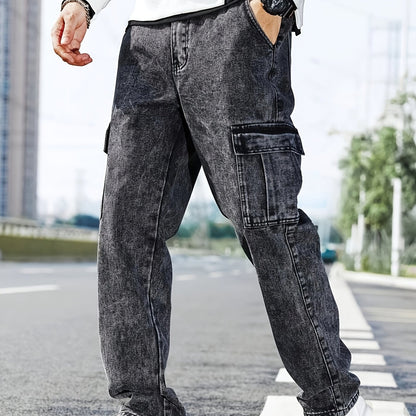 Men's Multi-Pocket Cargo Jeans - Casual Loose Fit Denim with Flap Pockets, Durable Cotton Blend, Ideal for All Seasons, Casual Wear Pants | Classic Blue Jeans | Cotton Blend Jeans