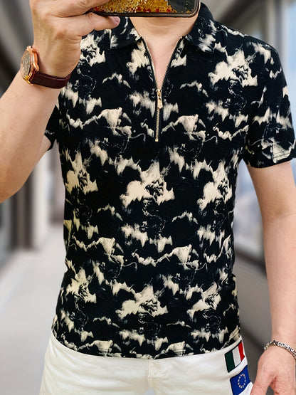 Men's Summer Short Sleeve Shirt - Breathable Color-Block Abstract Print, Stand Collar Casual Regular Fit, Hand Wash Only for Casual Attire, Trendy Fashion, Lightweight Fabric