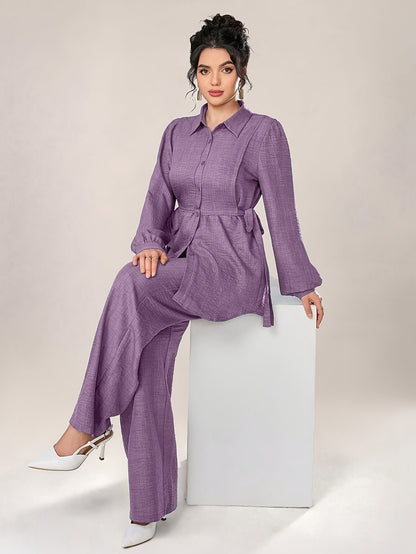 Two-Piece Abaya Set with Wide-Leg Pants, Long Sleeve Design with Back Tie, Suitable for Office and Daily Wear, Soft and Stretchable Fabric, Elegant Middle Eastern Style, Comfortable, Machine Washable, Practical and Stylish
