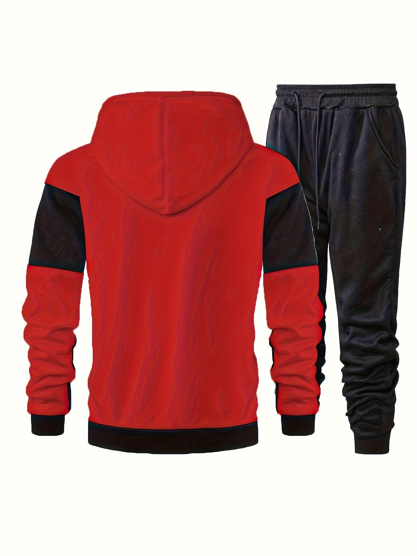 Elson OBM Men's Autumn and Winter Sportswear Set, Men's Color Block Long Sleeve Hooded Zip-Up Jacket with Solid Drawstring Joggers Outdoor and Sports Outfit... Top Bottoms Set