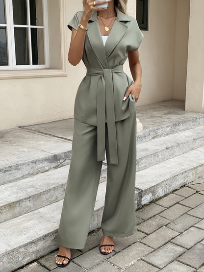 Women'S Elegant Drop Shoulder Suit Vest + Elastic Waist Ruched Pants Two-Piece Set with Belt