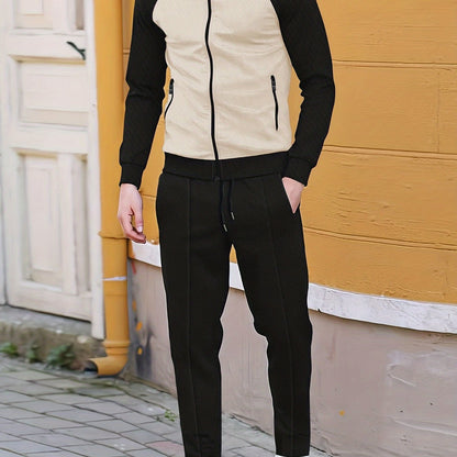 Men's Sporty Color Block Zip-Up Jacket & Joggers Set - Polyester Blend, Perfect for Spring/Fall