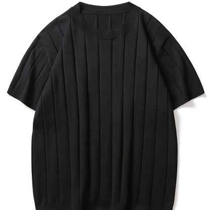 Men's Slim Fit Striped Textured Knit Crew Neck T-Shirt - High Elasticity Short Sleeve Casual Top for Spring/Autumn, Breathable Daily Leisurewear, Spring Fashion, Classic Style, Durable Construction, Pullover Shirt, Stylish Me