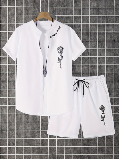 2pcs Printed Men's Summer Short Sleeve Button Shirt and Shorts Set