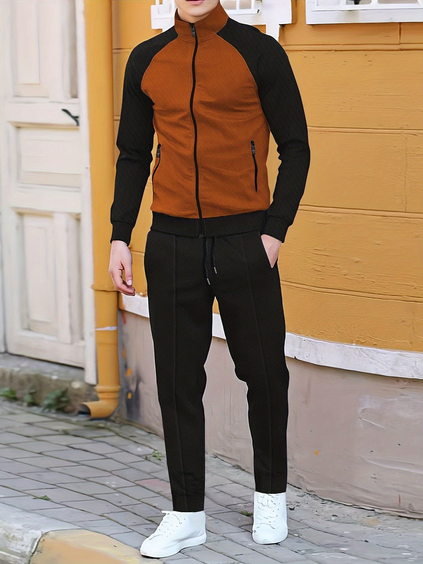 Men's Sporty Color Block Zip-Up Jacket & Joggers Set - Polyester Blend, Perfect for Spring/Fall