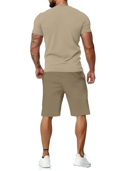 Men'S Casual Summer Two-Piece Athletic Wear Set - Light Blue T-Shirt with Green & White Stripes, Matching Shorts, Perfect for Daily Leisure, Vacation, and Sports, Casual Sportswear | Relaxed Fit Shorts | Stretchable Fabric