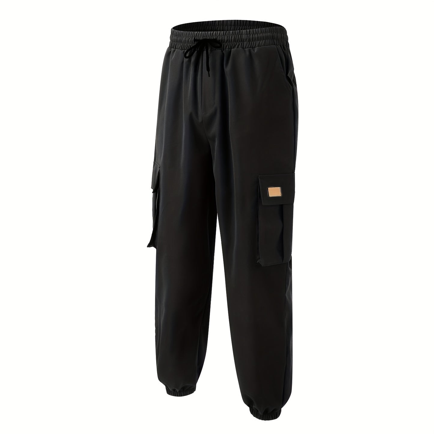 Men'S Fashion Cargo Pants, 100% Polyester Woven Fabric, All-Season Loose Fit with Drawstring Waist, Multi-Pocket Design, Solid Color, Mid Waist, Regular Length, Non-Stretch, Casual Joggers for Weekend - 160g/m²