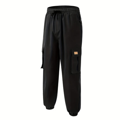 Men'S Fashion Cargo Pants, 100% Polyester Woven Fabric, All-Season Loose Fit with Drawstring Waist, Multi-Pocket Design, Solid Color, Mid Waist, Regular Length, Non-Stretch, Casual Joggers for Weekend - 160g/m²