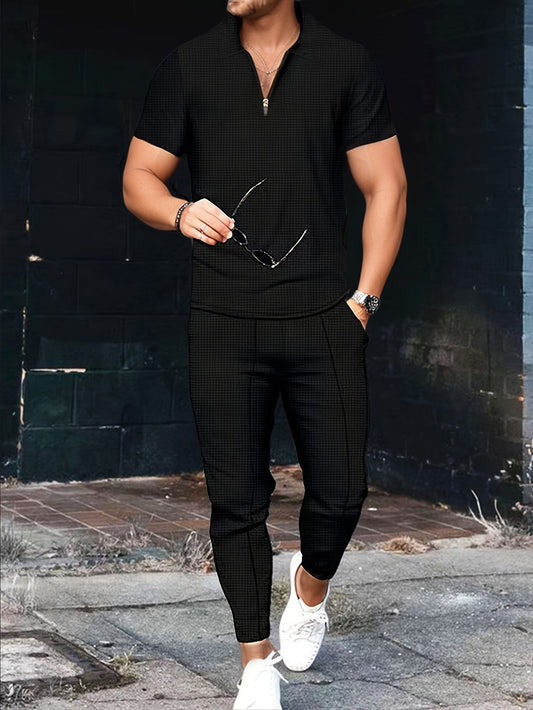Men's Fashion Short-Sleeve Long-Pants Waffle Knit Zip-Up Turn- Collar Casual Two-Piece Set