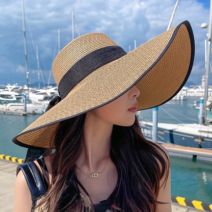 Chic Wide Brim Straw Sun Hat for Women - Summer Beach & Travel Cap with Adjustable Drawstring, Breathable Paper Material