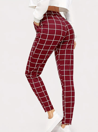 Plaid Print High Waist Pants Elegant Straight Leg Slants Pockets Pants, Women's Clothing