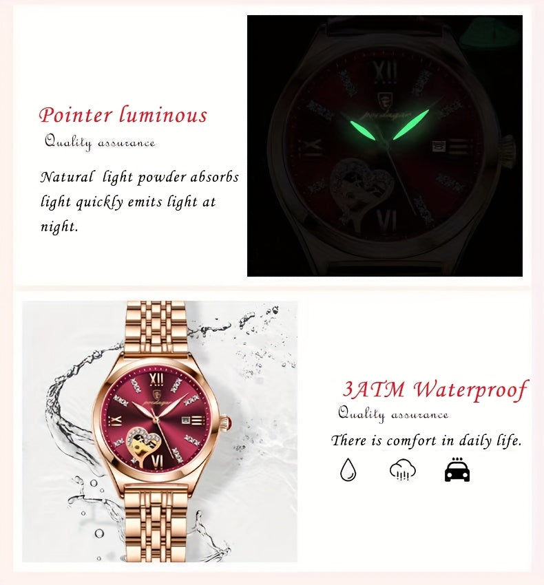 POEDAGAR Elegant Women's Quartz Watch - Rose Golden-Tone Stainless Steel, Luminous Hands & Calendar,, Date Display with Heart Detail