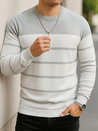 Men's Slim-Fit Striped Knit Sweater - All-Season Business Casual & Casual Attire, Navy Blue/White Horizontal Stripes with Contrast Trim, Round Neck Long Sleeve Pullover, Multi-Color Options (Black/Beige/Light Brown/Navy) - Co