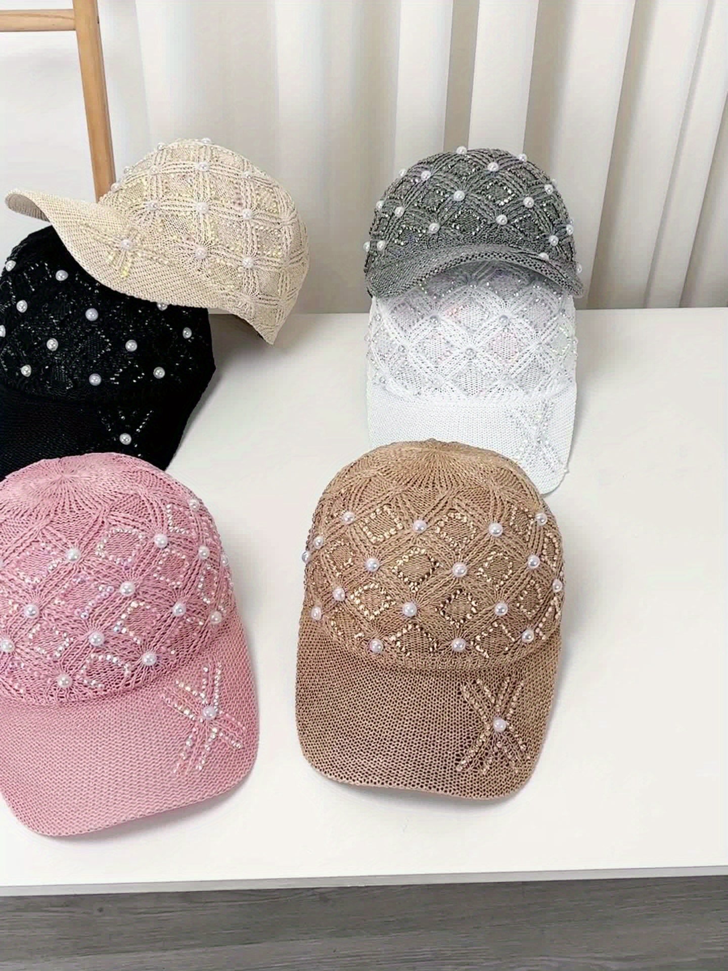 Women'S Adjustable Four-Leaf Clover Faux Pearl Baseball Cap - Breathable Mesh Summer Hat with Snap Closure, Stylish Black Design for Spring/Summer, Summer Headwear | Fashionable Headwear | Mesh Fabric Ca