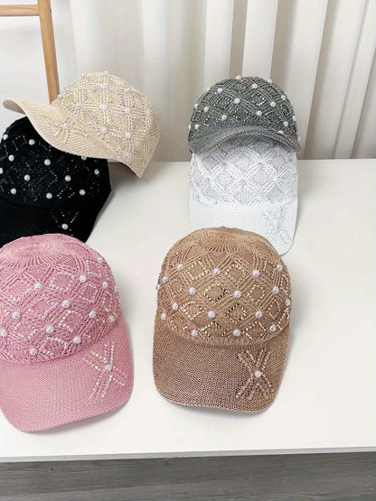 Women'S Adjustable Four-Leaf Clover Faux Pearl Baseball Cap - Breathable Mesh Summer Hat with Snap Closure, Stylish Black Design for Spring/Summer, Summer Headwear | Fashionable Headwear | Mesh Fabric Ca