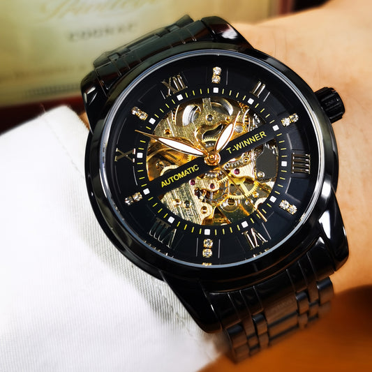 1pc Fashion Luxury Golden Skeleton Automatic Mechanical Watch for Men Luminous Hands Top Brand Stainless Steel Strap Business Casual Mens Watches Festival Birthday Gifts, TWINNER