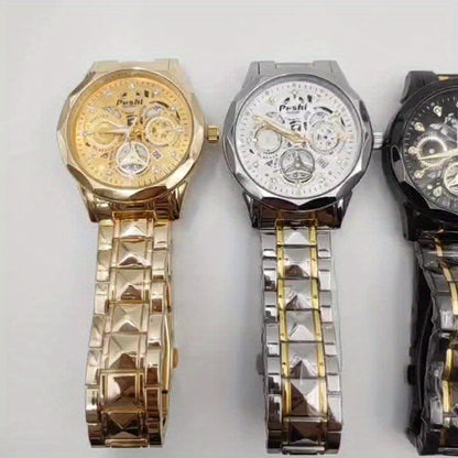 POSHI Men's Luxury Golden-Tone Quartz Watch with Rhinestone Accents, Luminous Waterproof Design, Calendar Feature, and Stylish Hexagonal Hands - Perfect Business Gift for Men, Formal Timepiece