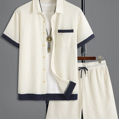 Men'S Casual Fashion Two-Piece Set Featuring a Short-Sleeve Open-Collar Solid Color Spliced Shirt Paired with Solid Color Drawstring Shorts, Made from Soft, Breathable, High-Quality Knitted Textured Fabric, Offering a Trendy