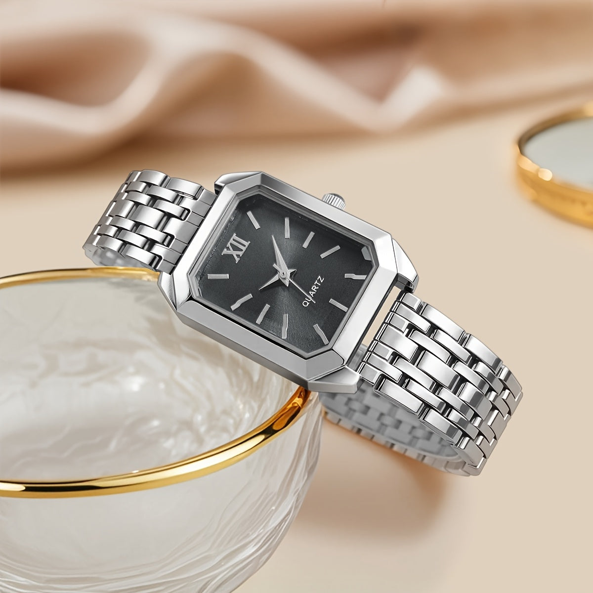 Women's Glamorous Elegant Quartz Watch - Light Blue Dial, Roman Numeral XII, Alloy Metal Band, Rectangular Case, Non, Everyday Casual & Formal Wear, Middle East Collection Luxury Gift, Formal Timepiece | Sophisticated Style |