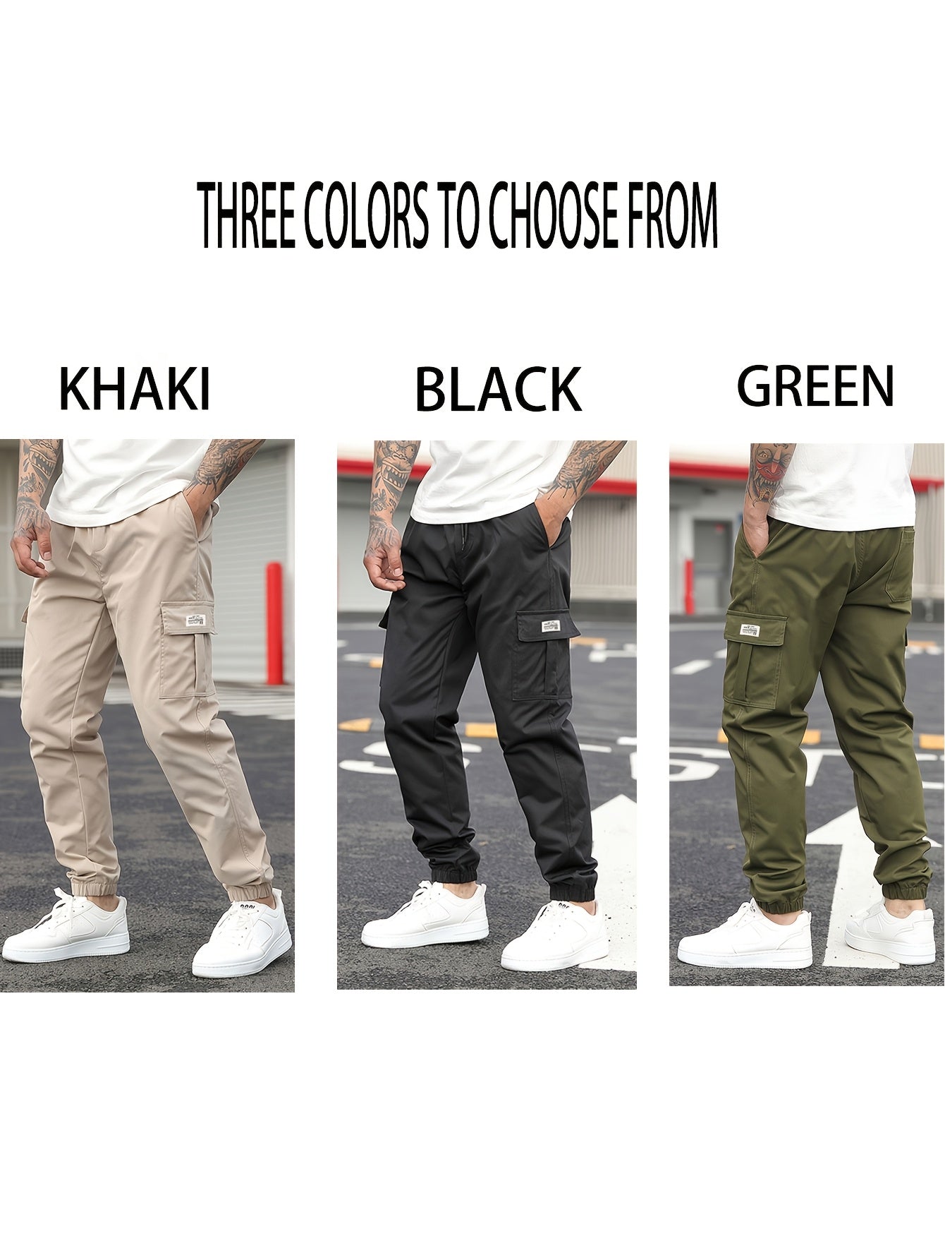 1pc Men'S Casual Polyester Cargo Pants - Mid Waist Elastic Joggers with Multiple Pockets, Non-Stretch Solid Color, Regular Fit for Weekend Wear - Spring/Fall Fashion Trousers