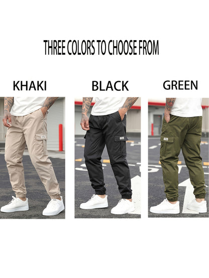 1pc Men'S Casual Polyester Cargo Pants - Mid Waist Elastic Joggers with Multiple Pockets, Non-Stretch Solid Color, Regular Fit for Weekend Wear - Spring/Fall Fashion Trousers