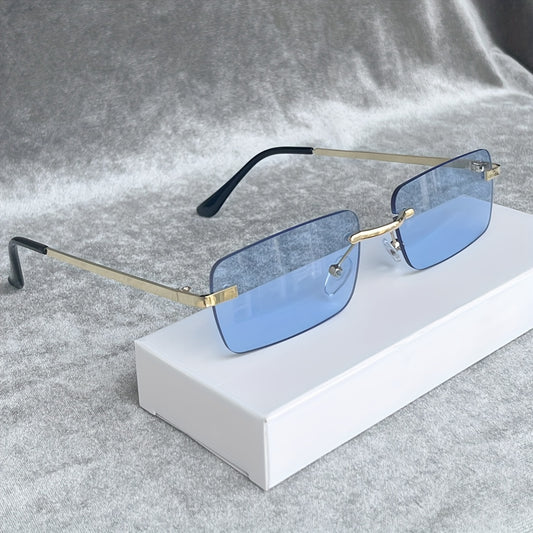 1 Pair Y2K-Inspired Rimless Fashion Glasses - Blue & Golden Frameless Eyewear with Polycarbonate Lenses, Lightweight Durable Rectangular Design for Men & Women, Casual Streetwear, Parties, Everyday Fashion Accessories, Party