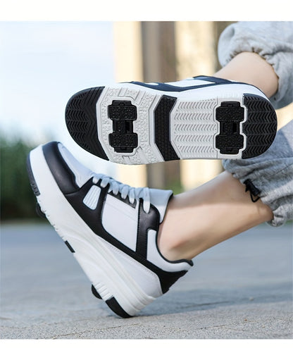Kids Unisex Skateboard Shoes, 8-Wheel Removable Roller Skates, Plaid Fabric Low Top Sneakers, Lace-Up, TPR Sole, Fabric Insole, for Hiking & Casual Wear, Suitable for Boys & Girls Ages 14 and Under, All-Season