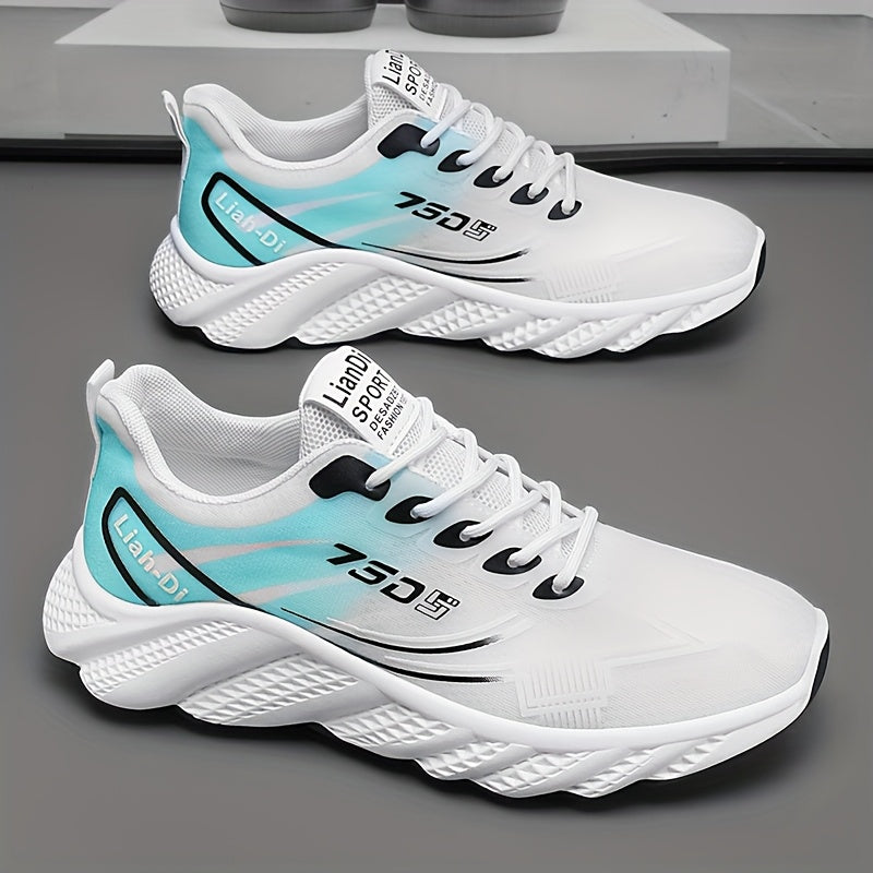 Men's Lightweight Sneakers - Non-Slip PVC Sole, Cushioned EVA Insole - White/Blue Accent Low-Top Sneakers for Gym, Running, Everyday - All-Season Lace-Up Athletic Footwear - Model HX-3, Sports Activities, Sporty Design, Secur
