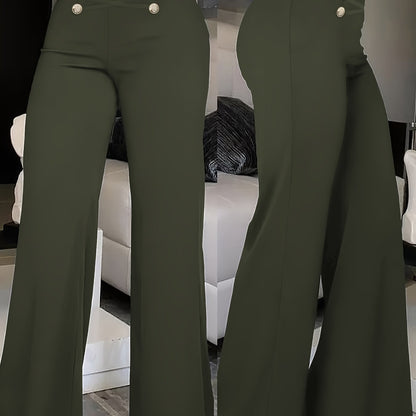 Elegant Double-Breasted Waistband Casual Pants, Solid Color, Polyester, Machine Washable - All Seasons, Queen Style, High-Grade Design