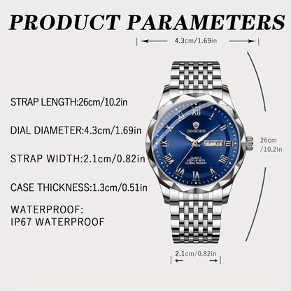 BINBOND Men'S Quartz Watch - Waterproof, Stainless Steel, Luxury Business Style with Stopwatch & Date Display, Blue & Silvery Dial, Electronic Movement, IP67 Rating, Elegant Male Wristwatch for Professional or Casual Wea