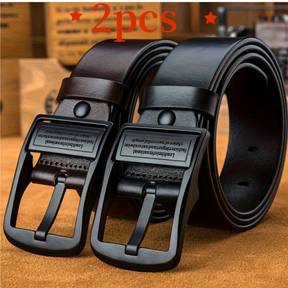 2pcs Men'S Premium Faux Leather Belt with Vintage Square Alloy Buckle - Double-Sided Durable Black Business Casual Belt, Multiple Sizes, Ideal Father'S Day Gift