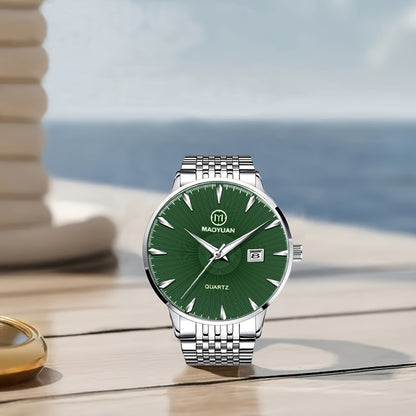 MAOYUAN Men'S Luxury Stainless Steel Quartz Watch with Date Display and Luminescent Hands - Elegant Green Dial, Metal Bracelet, Perfect for Business and Casual Attire, Ideal Gift for Men, Casual Watch | Elegant Watch | Quartz