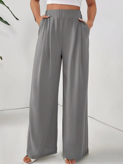 Women'S Stylish Gray Wide Leg Pants with Elastic Waistband and Double Pockets - Perfect for Office, Commuting, or Casual Wear