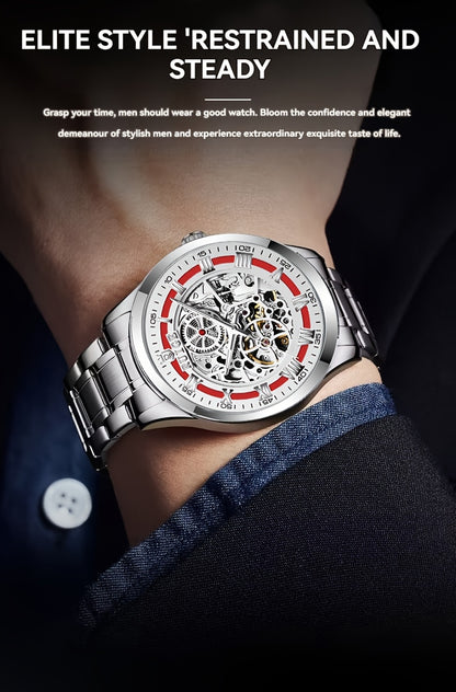 Dianpai Men'S Luxury Automatic Mechanical Watch - Skeleton Design, Stainless Steel Strap, Blue & White Dial, Mechanical Movement, Ideal for Christmas, Thanksgiving, and Spring Festival, Without Battery
