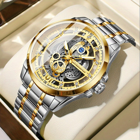 BINBOND Men's Sleek Golden-Tone Quartz Watch - Transparent Dual-Sided Hollow Design, Waterproof with Luminous Hands, Stainless Steel Band, Ideal Gift