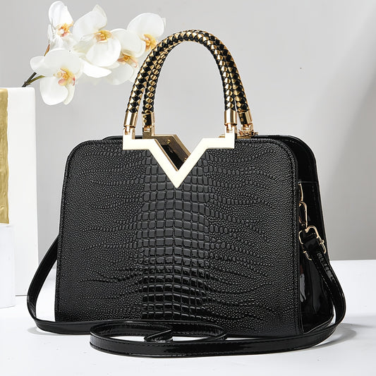 Elegant Tote Bag for Women, Large Capacity Crocodile Pattern Shoulder Bag, Lightweight with Zipper Closure, Polyester Lined, Versatile Fashion Accessory