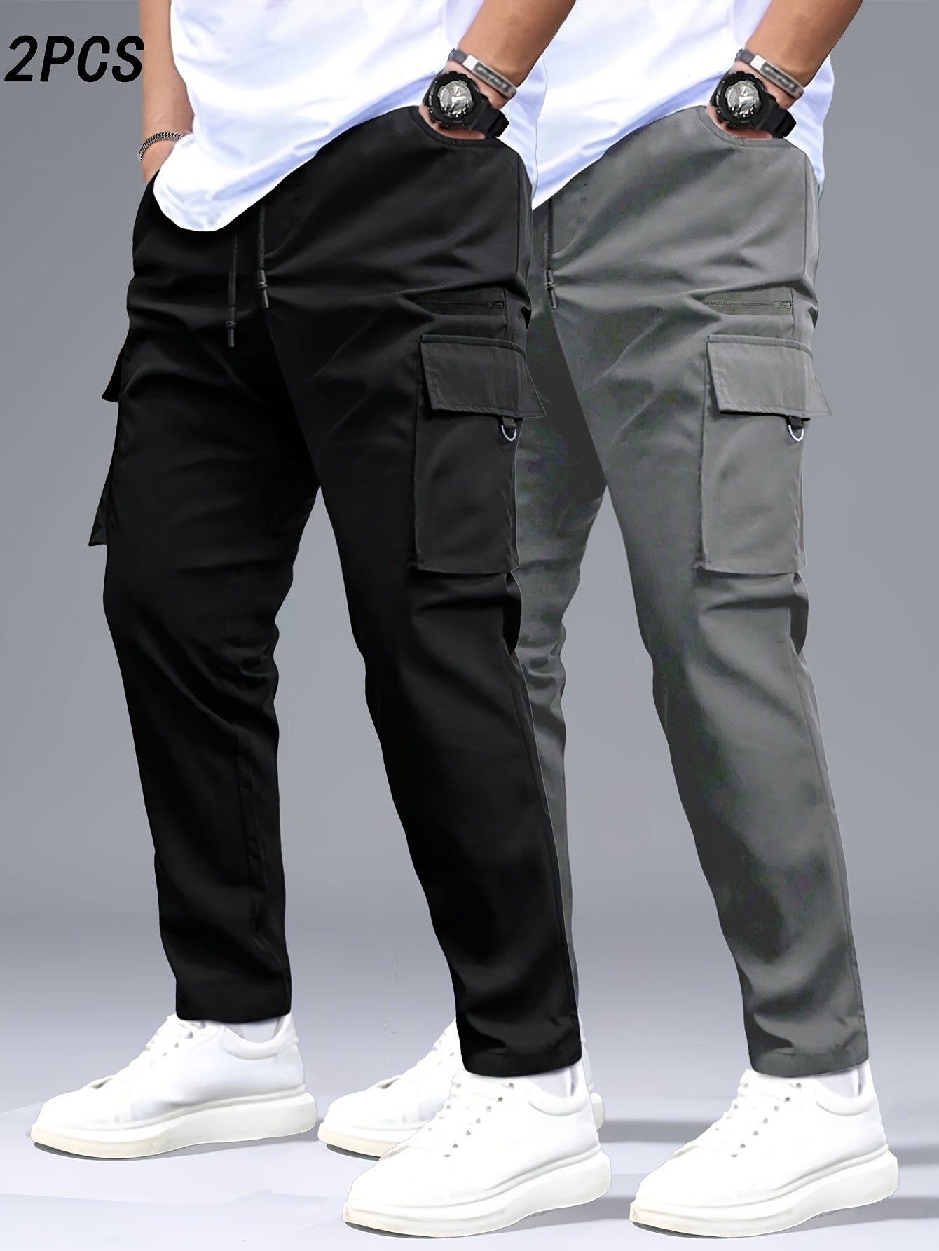 2pcs Men's Cargo Pants, Black & Gray with Drawstring Waist and Multiple Pockets, Durable Polyester, Ideal for Outdoor Activities and Casual Wear, Casual Wear Pants | Multiple Pocket Design | Durable Fabric Pants