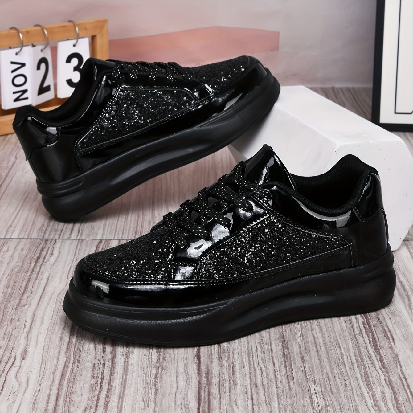 Men's Low-Top Casual Sneakers - Black Sparkling Embellishments, Breathable PU Upper & EVA Cushioned Sole, Lace-Up Comfortable Walking Shoes for Men & Women, Comfortable Footwear | Sleek Shoe Design | Flexible Footwear