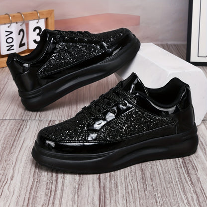 Men's Low-Top Casual Sneakers - Black Sparkling Embellishments, Breathable PU Upper & EVA Cushioned Sole, Lace-Up Comfortable Walking Shoes for Men & Women, Comfortable Footwear | Sleek Shoe Design | Flexible Footwear