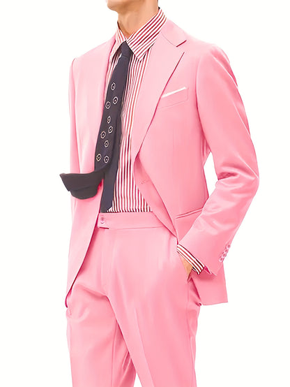 Men's Two-Piece Suit in Solid Color with Sealed Pockets, Regular Fit Suit Pants, Elegant and Classic, Suitable for Business and Wedding Parties